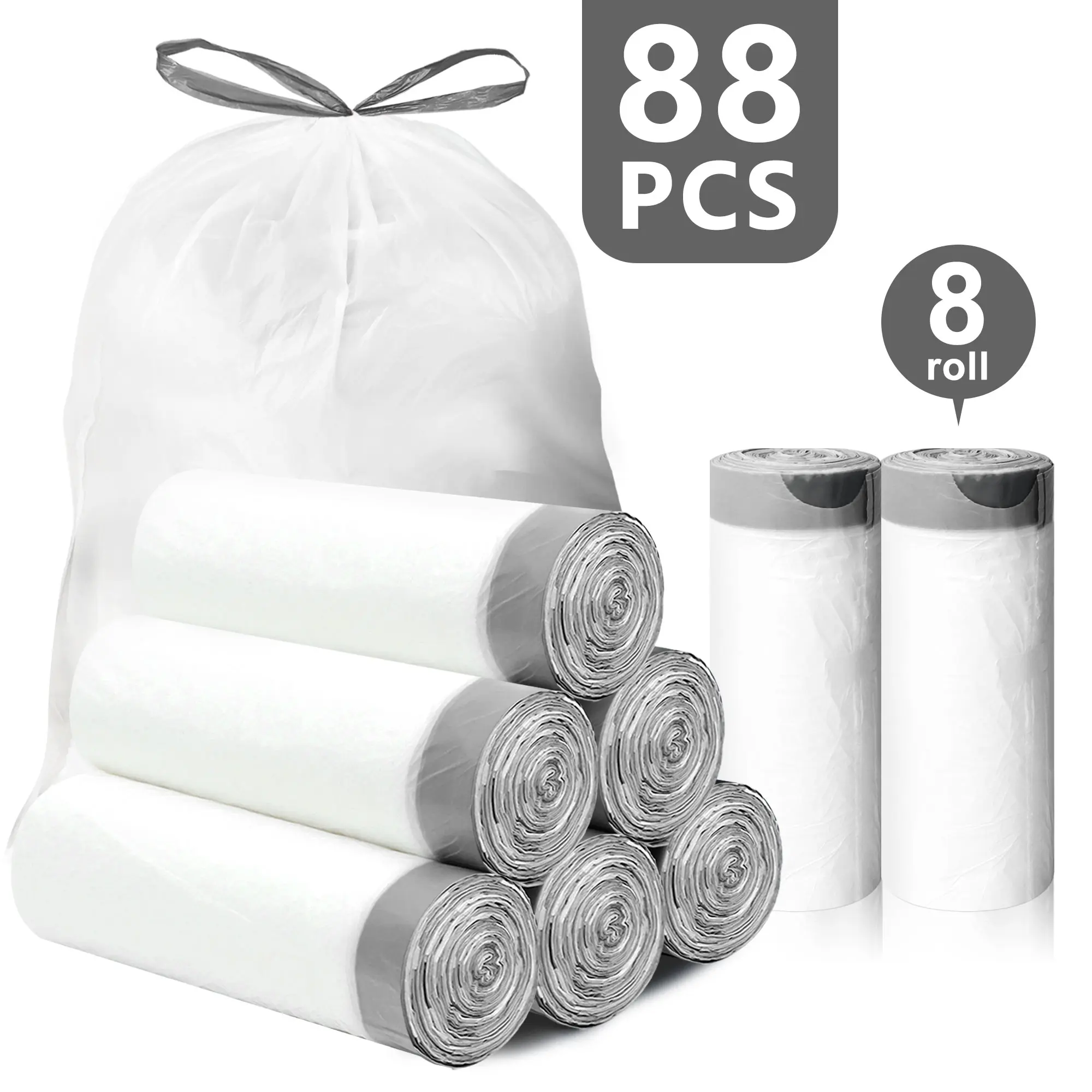 Drawstring Trash Bags, 15-Gal 26.6lb White Tall Kitchen Waste Solution, 88-Count Home Care Cleaning Supplies, Drawstring Bag