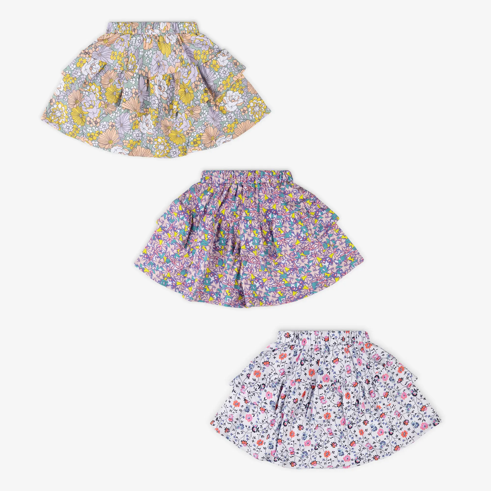 3-Pack Girls  Cute Floral Print Skater Skirts, Adorable Pull-On Half Skirts with Elastic Waistband