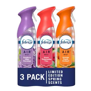 Febreze Air Mist Odor-Fighting Air Freshener Mixed Scent, Southern Lilac Mornings, Georgia Peach Orchard, Sweet Watermelon Vine, 8.8 oz. Aerosol Can, Pack of 3