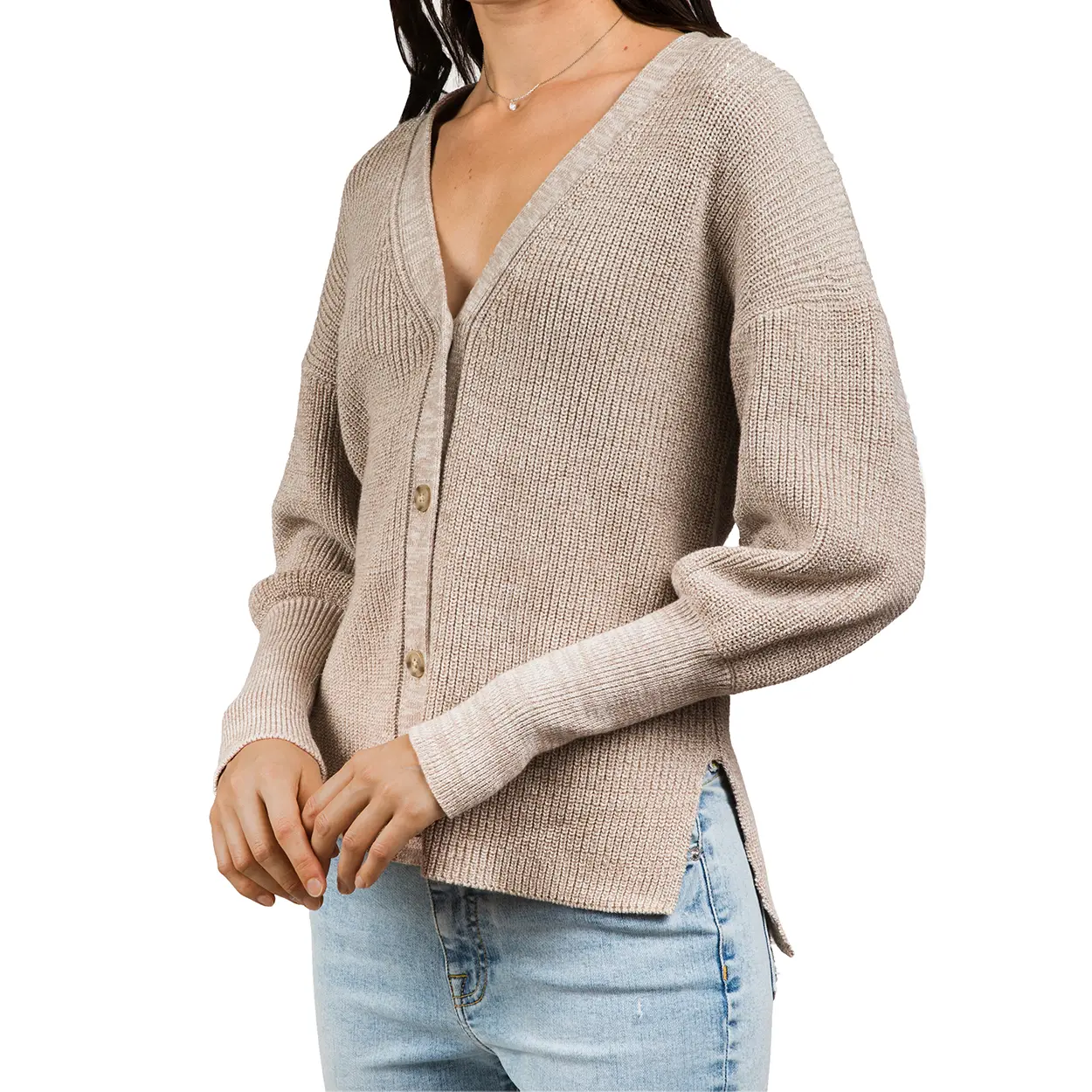 Women's Knitwear 100% Cotton Knitted Sweater Madison Marled Puff Sleeve Cardigan in Oatmeal