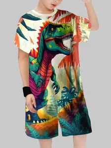Boys' Dinosaur Themed Set, Full Print Wild Adventure Style, Fun, Trendy, Perfect for Dinosaur Lovers, Casual Fitted Crop Top, Junior