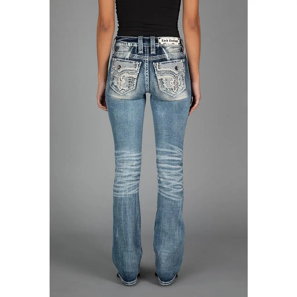 Rock Revival Women's Roselia Bootcut Fit Jeans in Stretch Denim with Fleur-de-Lis Embroidery, Medium Wash Bottoms - Designed in Los Angeles, Pewter Hardware