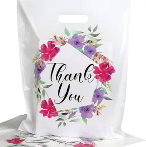 Floral Plastic Thank You Gift Bags Bulk - 12"X15" Merchandise Retail Shopping Bags with Die-Cut Handles, 50 Pack - Perfect for Small Businesses, Boutiques, Clothing Stores, Weddings, Party Favors POPGIFTU