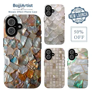 BojjiCo Mosaic Effect Phone Case for Women Coastal Mermaidcore Aesthetic Iridescent Mother of Pearl Design Faux Abalone Shell Printed Cover Pearl White Gold Kintsugi Smartphone Accessory Shockproof for iPhone 17 16 15 14 13 12 Pro Max & Samsung Galaxy S24