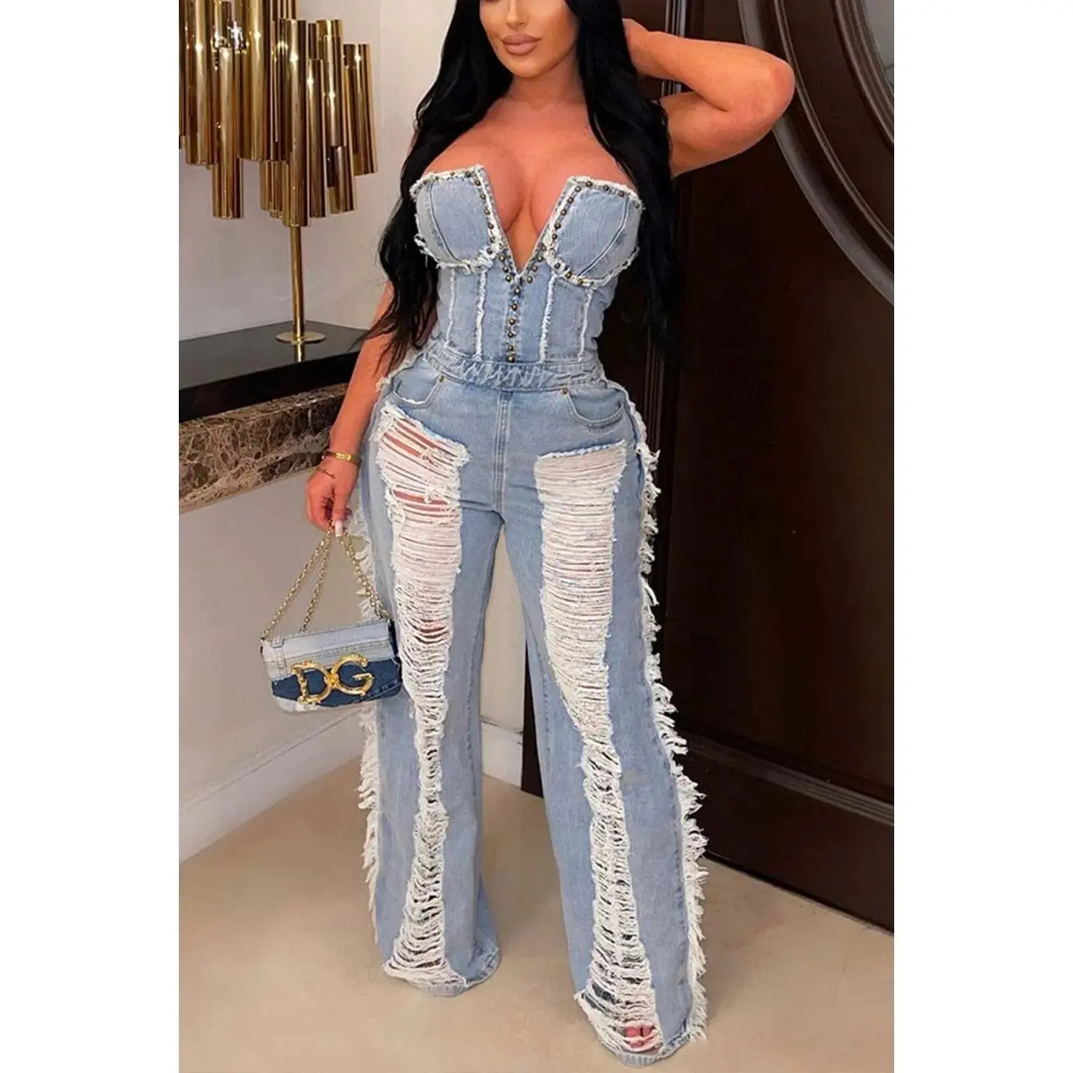 Light Blue Distressed Denim Jumpsuit