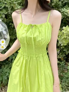 Summer Light Fluorescent Color Straight Skirt Round Neck Short Sleeve Dress, Elegant Women's Clothing for Summer, Stylish and Comfortable