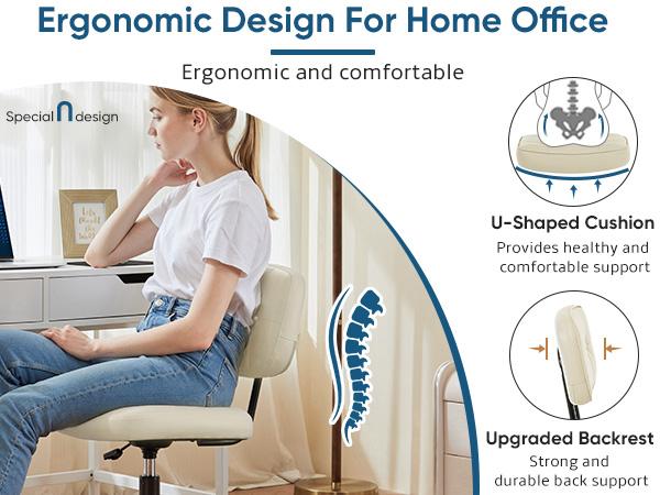 Armless Computer Chair with Lumbar Support – Ergonomic Low Back PU Leather Desk Chair – Height Adjustable, 360° Swivel Rolling Wheels – White, Space-Saving for Small Office
