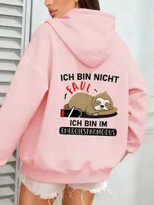 Spring Fall Energy Saving Sloth Print Hoodie, Casual Fitted Sweatshirt, Elegant for Daily Wear & Light Social Occasions