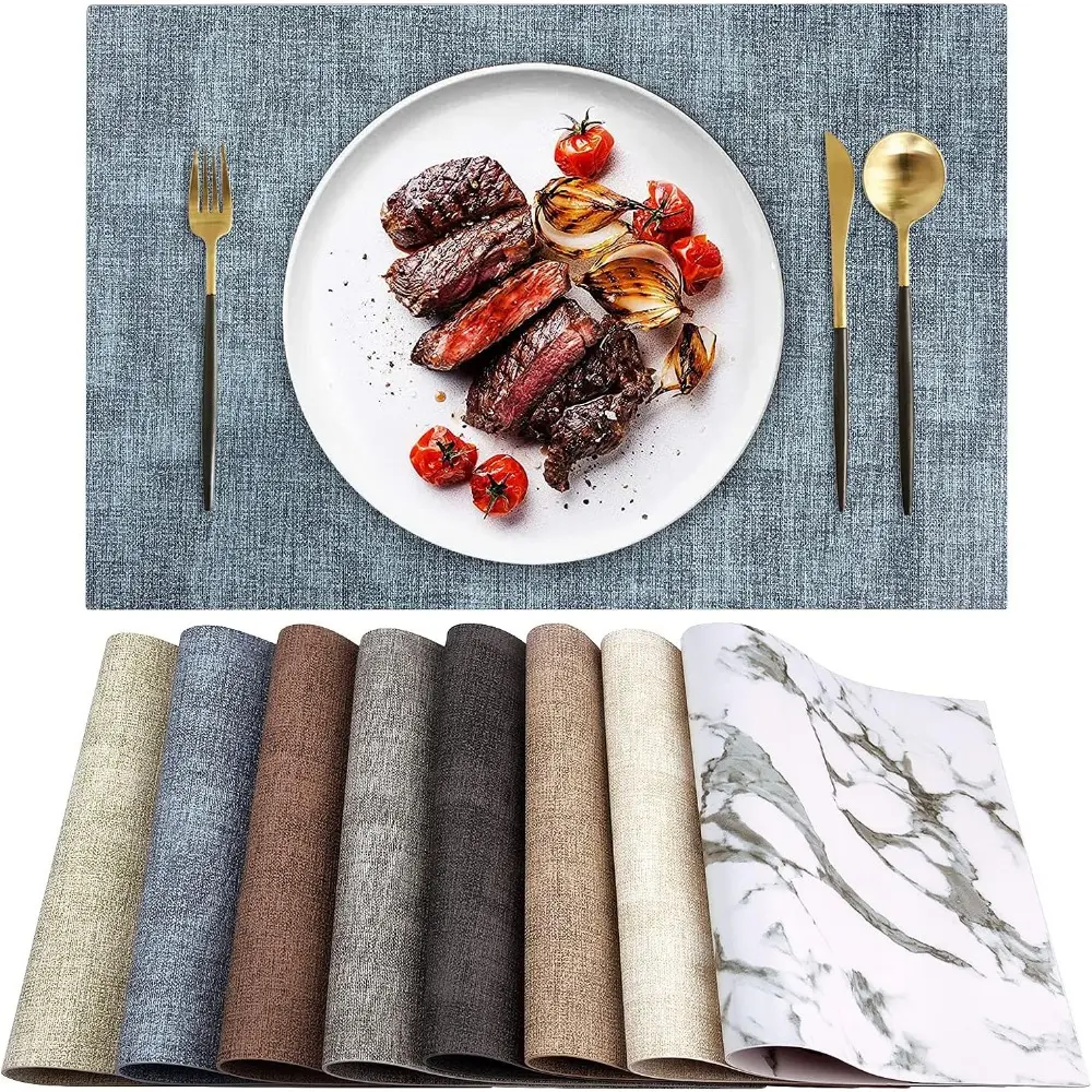 Rectangle Leather Tableware Placemats Set of 6 - 11.8 x 17 in (17 in), Blue, Multiple Colors Available, Double-Sided, Heat-Resistant, Waterproof, Wipeable, Anti-Slip, Durable, Exquisite Workmanship, Classic