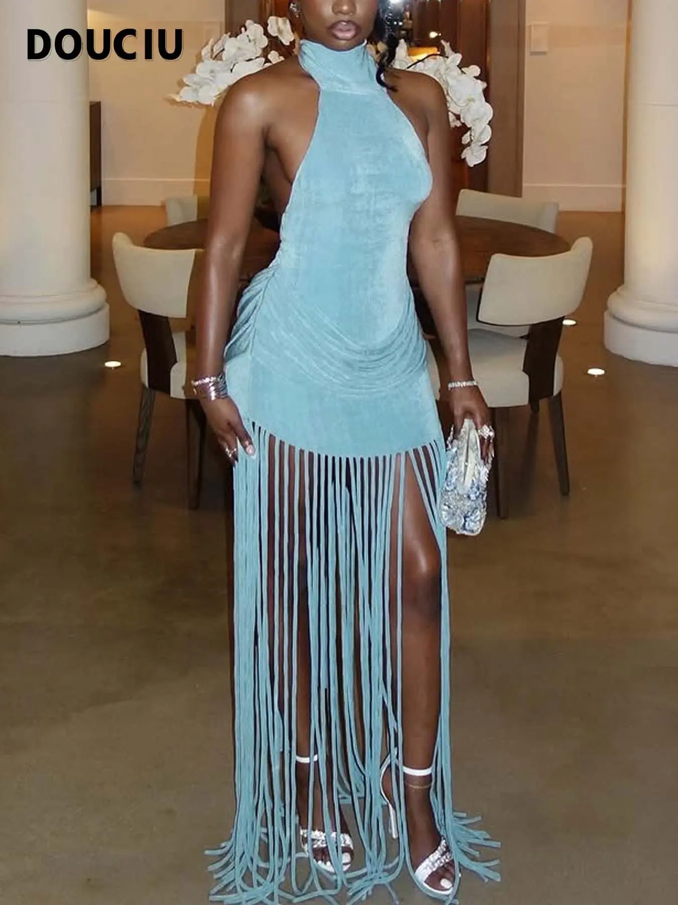 DOUCIU Street Tight Sexy Mature Beautiful Chic Elegant Style Summer Party Cool Music Festival Women'S Sleeveless Thin Solid Color Long Backless Tassels Dress