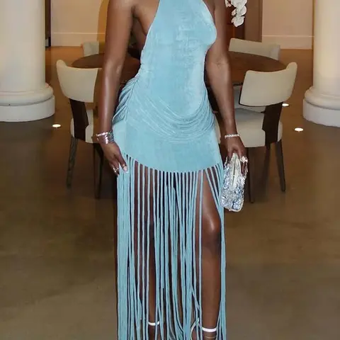 DOUCIU Street Tight Sexy Mature Beautiful Chic Elegant Style Summer Party Cool Music Festival Women'S Sleeveless Thin Solid Color Long Backless Tassels Dress