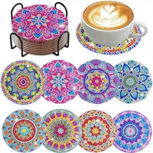 8 Piece DIY Diamond Painting Wooden Coaster Set, Colorful Flower Mosaic Tea Cup Mats, Christmas Decoration Anti-Slip, Diamond Painting Coasters