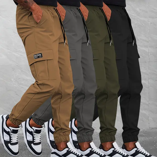 Men’s four-color quick-dry jogger cargo pants — multi-pocket, drawstring elastic waistband functional cargo trousers, versatile bottoms for commuting, outdoor activities, and casual wear