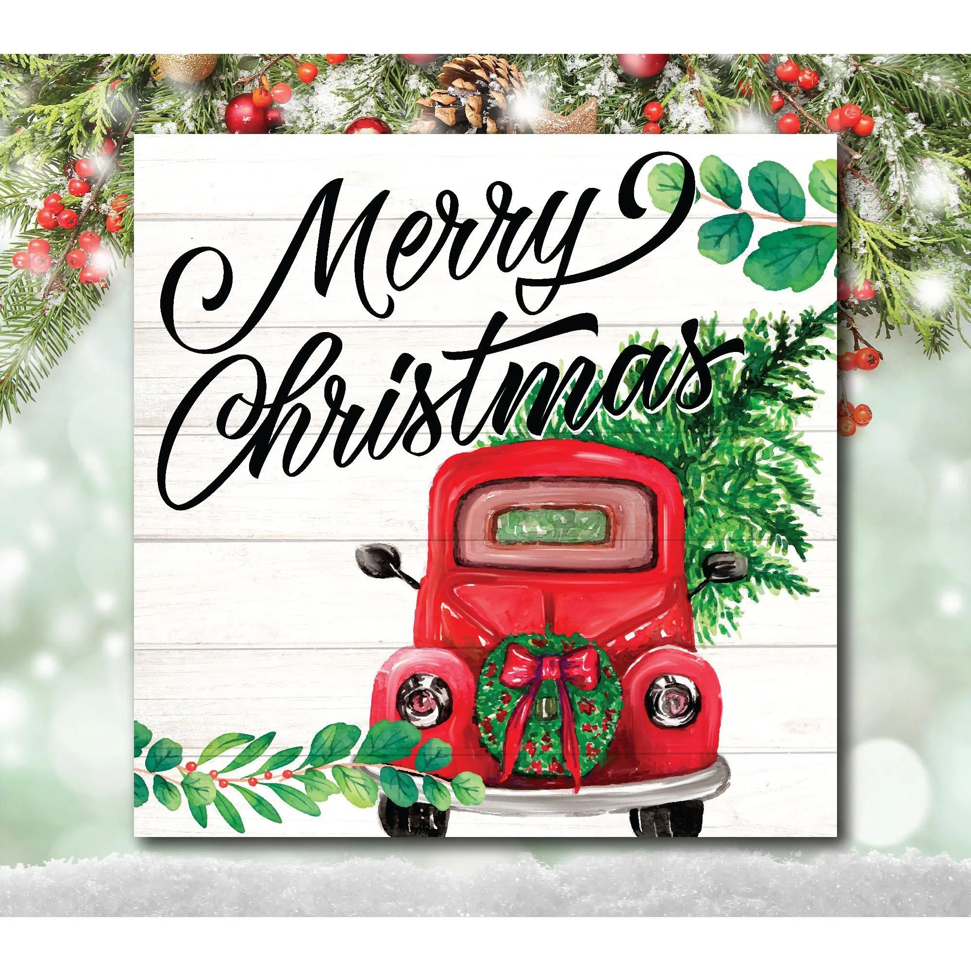 Courtside Market Red Christmas Truck 16x16 Canv as Wall Art