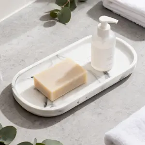 Bathroom Vanity Tray, Oval Soap Dispenser Tray, 10 Inch Kitchen Counter Trays, Silicone Bathroom Tray for Counter, Faux Marble Design