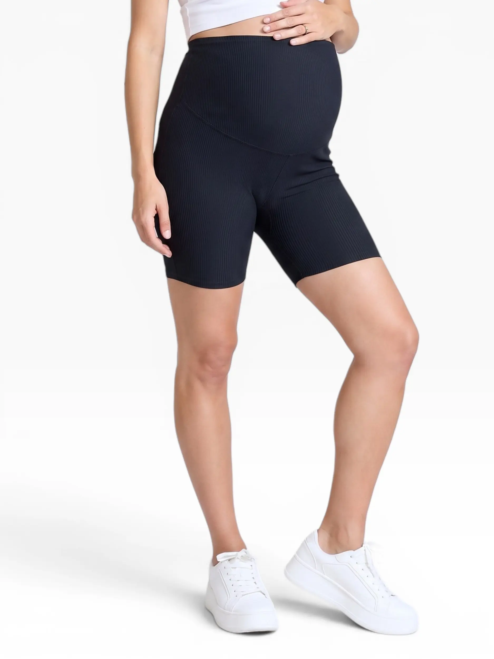 Motherhood Maternity Women's Over the Belly 6 1/2" Ribbed Maternity Biker Short - Pregnancy Shorts
