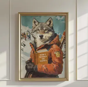 [SALE UP TO 50% + FREE SHIP] Wolf Skiing Art Print  Funny Alpine Lodge Wall Decor Cabin Mountain Winter Poster