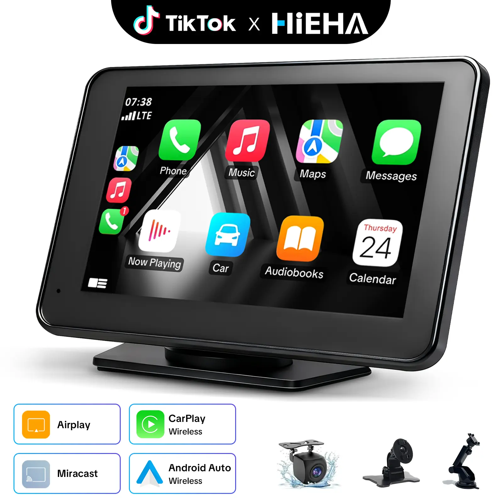 HiEHA 7" HD Wireless CarPlay & Android Auto Portable Touchscreen Car Stereo, Mirror Link, GPS Navigation, FM Transmitter, AUX, Bluetooth 5.2, Voice Control, Universal for All Vehicles, Wireless Carplay Stereo, Cars, Vehicle Accessories