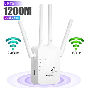 WiFi Extender 4-Antenna Strong Signal, 1200Mbps Dual Band (5GHz/2.4GHz) Booster, Covers 10,000 sq. ft & 50 Devices, Repeater with Gigabit Port & AI Connectivity, Ideal for Home Studios, Remote Workspaces, VR Areas