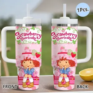 S-Strawberry Shortcake Cartoon Vacuum Flasks 40oz Stainless Steel Tumbler with Handle & Straw, Insulated Water Bottle, Vacuum Insulated Travel Mug Keeps Drinks Cold Up to 34 Hours, Leak-Resistant Cup for Iced Coffee, Water, Travel