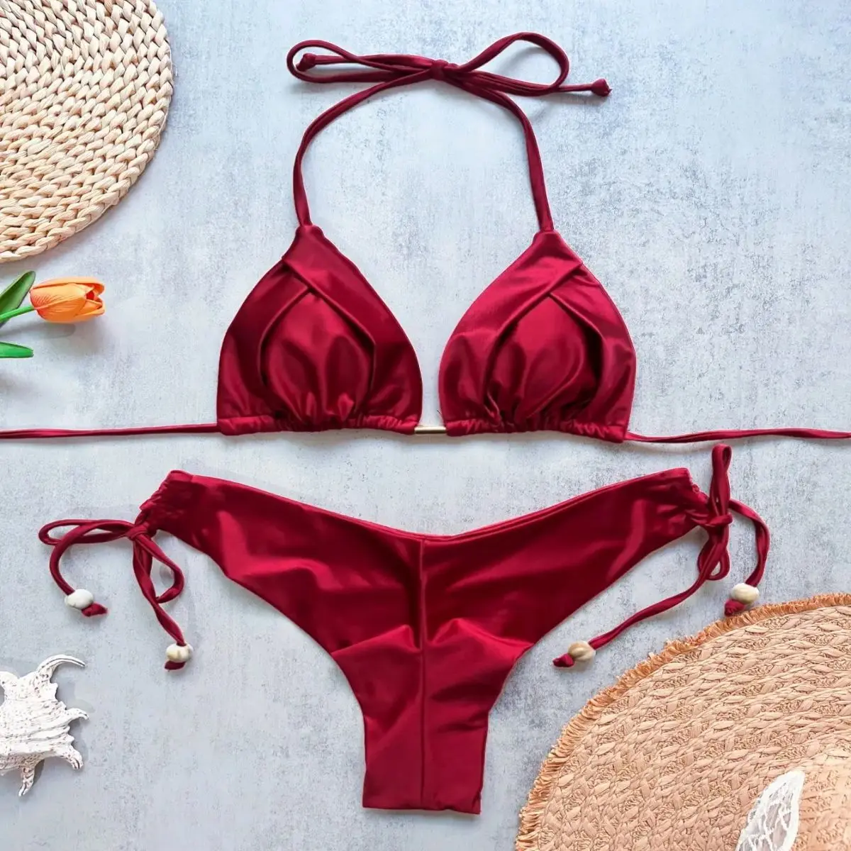 Women's 2-Piece Solid Color Ruched Triangle Micro Bikini Set - Stretchy Quick-Dry Fabric, Chic Look for Beach & Pool Parties
