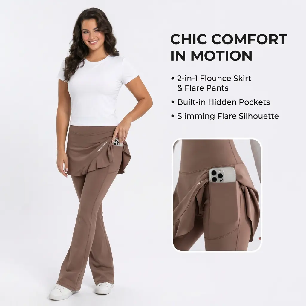 Women’s 2-in-1 Skirted Flare Leggings with Phone Pockets, High Waisted Stretch Yoga Pants for Everyday Outfits, Spring & Fall       gym fits
