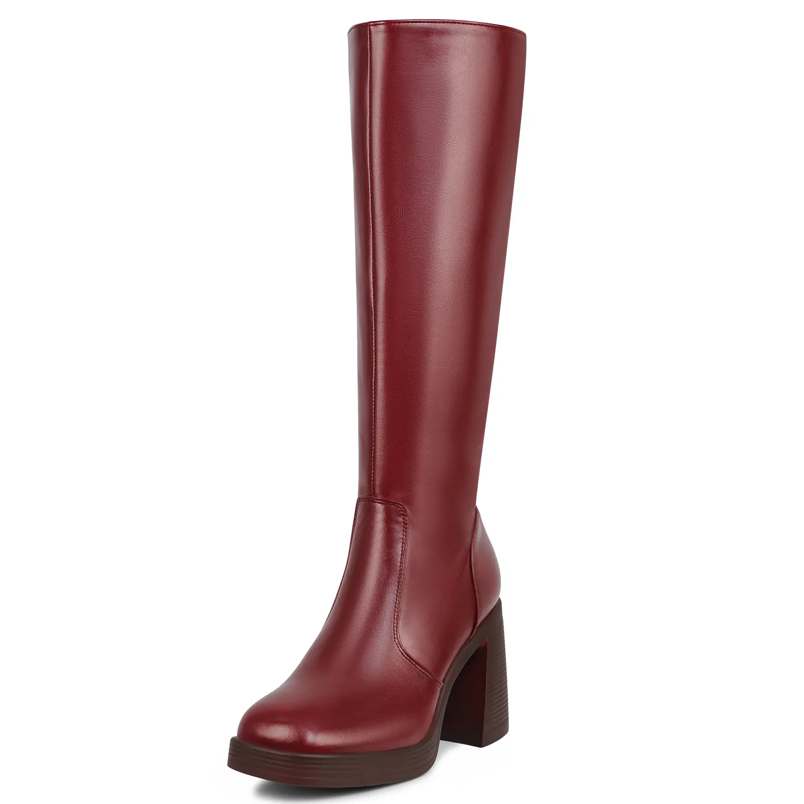 Women's Red Square Toe Platform Knee-High Boots in Faux Leather with a 3.15" Chunky Block Heel and Side Zipper, Shoe