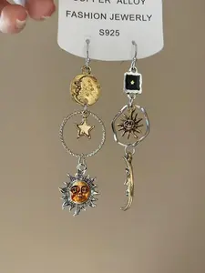 Elegant Asymmetric Sun Moon Earrings, Round Pendant Design, Perfect Gift for Women, Casual Daily Wear Jewelry Accessory