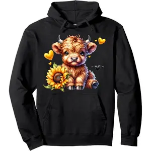 Cute Highland Cow With Sunflower Women Pullover Hoodie