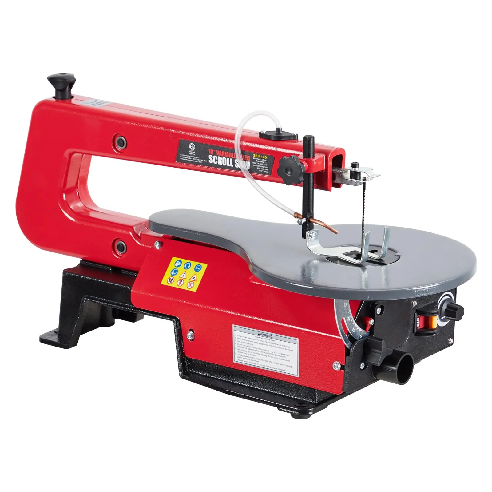GARVEE 16-Inch Variable Speed Scroll Saw featuring an extra-large adjustable tilting work table and integrated LED work light for enhanced precision and versatility in woodworking projects.