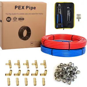 3/4-Inch 2X100 ft Pex-b Tubing (100 ft Red + 100 ft Blue), Crimper &  Tools, 15 count 3/4" Barb Pex Brass Fittings, 40 count 3/4" Clamps in Heavy-Duty Canvas Bag