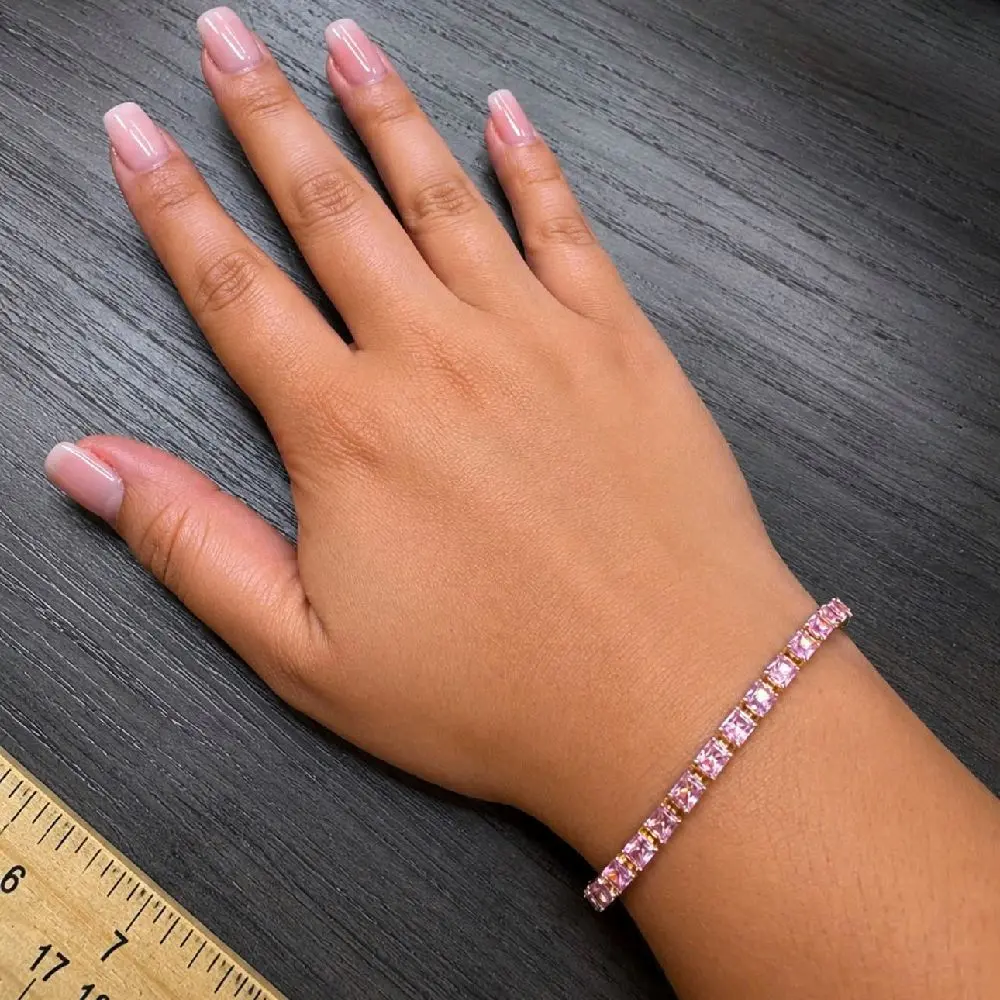 Laminated Gold Pink Princess Cut Tennis Bracelet – 7.5”