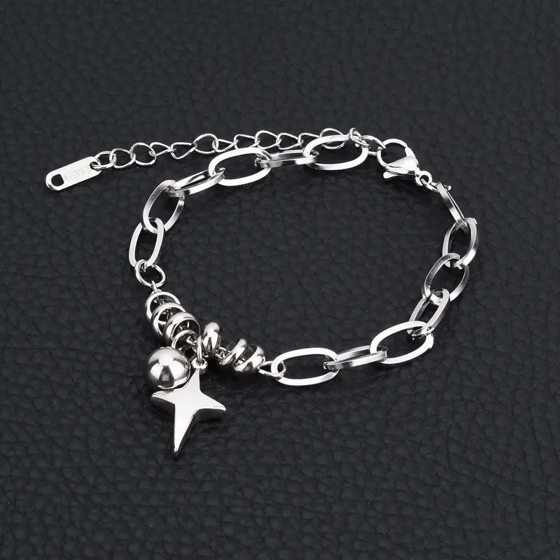 Unisex Stainless Steel Cross Star Ball Charm Bracelet - Minimalist Paperclip Chain, Beaded Spacer, Adjustable Size, Tarnish-Resistant Hypoallergenic Handcrafted Daily Wear Jewelry for Couples (Streetwear, Birthday Gift)
