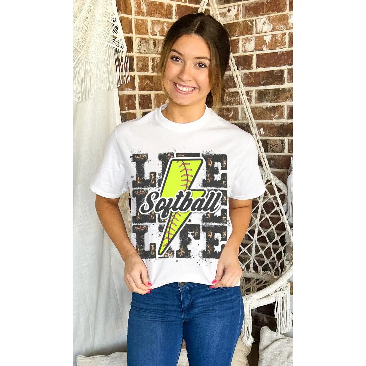Tees2urdoor Lady's Leopard Print Softball Graphic T-Shirt, 100% Cotton Casual Streetwear Tee with Short Sleeves and Round Neck, Women's Clothes