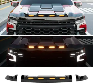 [Fits 19-24 Silverado 1500 ZR2] Hood Protector with LED Light Compatible with 2019-2024 Chevy Silverado 1500 ZR2 Hood Deflector Glossy Black Three Section Lightshield Replacement for 2019-2024 Chevy Silverado Accessories