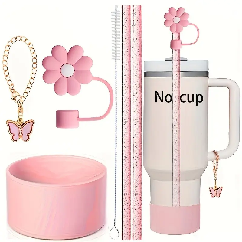 6pcs Cup Drinkware Accessories Set for 40oz/30oz Tumbler, Includes Glitter Straw, Brush, Flower Cap, Silicone Boot, Butterfly Charm, Ideal Fun Gifts