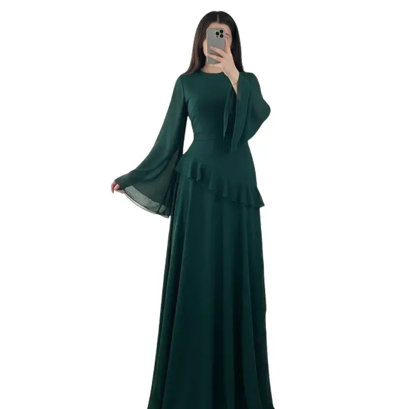 Modest Wedding Guest Dress Chiffon Bell Sleeve Ruffle Evening Gown (MS227) Adjustable Check