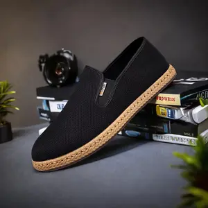 Men's Black Slip-On Espadrille Sneakers: Breathable Mesh Weave Sole Comfort Casual Shoes for Daily & Streetwear
