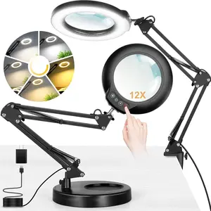 Real Glass 12X Magnifying Glass with Light and Stand (No  Lens), 2-in-1 Lighted Magnifier with Clamp, 5 Color Modes Dimmable LED Desk Lamp Hands Free for Painting Craft Sewing Hobby Close Work