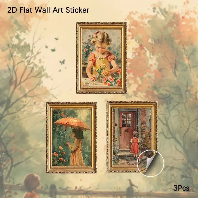 2D Flat Wall Art Sticker, 3Pcs PVC Self-Adhesive Framed Wallpaper Sticker, Vintage Oil Painting Style Children Life Wall Decals, Aesthetic Retro Kid Art Wall Decor for Living Room, Nursery, Bedroom, Perfect Gift for Art Lovers, Nursery Decor Fans