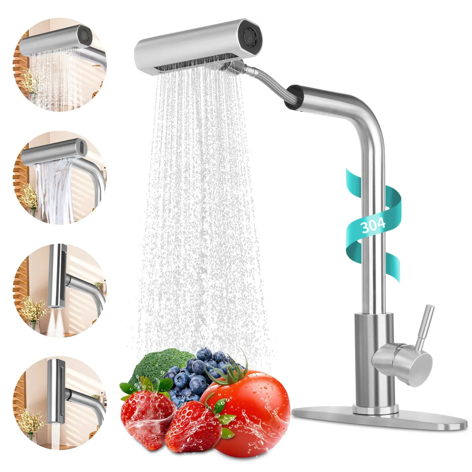 Kitchen Faucet with 4 Modes 15.7" Pull Down Sprayer 360° Swivel Stainless Steel No-Leak Ceramic Valve Easy Install for Farmhouse Camper Laundry RV Bar
