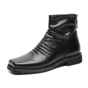 square-toed pleated Chelsea boots, stylish zip-up short boots, vintage work boots with a high-end feel 66595-K