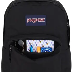 JanSport Backpack Black Organized Pockets with Logo Design, Adjustable Shoulder Strap, Timeless Style, Suitable for Everyday Use