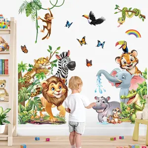 Jungle  Wall Stickers Safari Lion Elephant Zebra Monkey Tropical Leaves Door Wall     Room Playroom Door Wall Decor