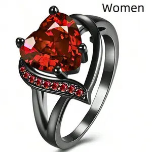 Romantic Red Heart Couple Rings - Sparkling CZ Engagement Ring for Her & Classic Wedding Band for Him, Valentine's Day Gift Symbolizing True Love