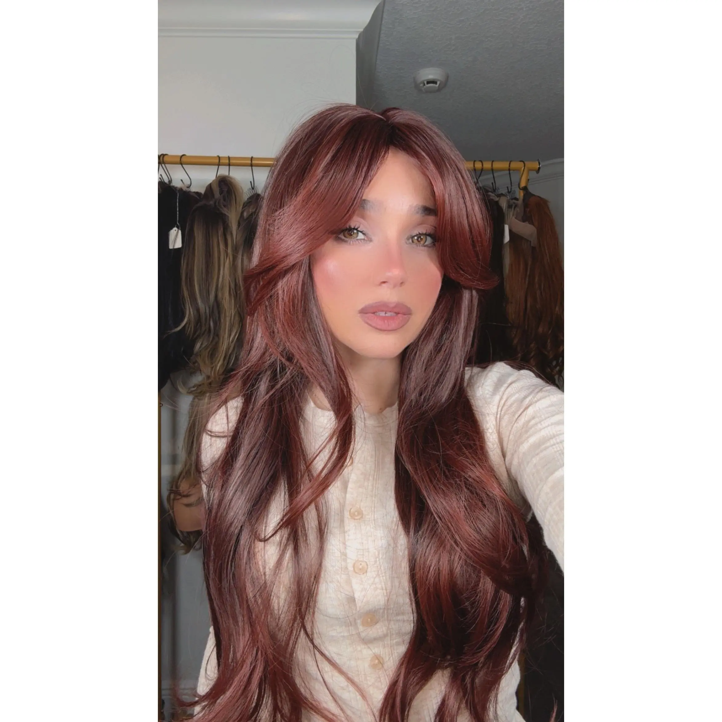 EllaRae | Mae Style Wig | Long Layered Cherry Red Style with curtain bangs