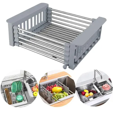Retractable Drain Basket with Adjustable Armrest,Stainless Steel Kitchen Drying Rack,Over The Sink Dish Drying Rack,Adjustable Multi-function Water Filter Basket for Fruits. Organizer