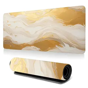 Gold And White Marble Swirl Fluid Art Large-Sized Gaming Mouse Pad, 3mm Thickened Luxury Abstract Desktop Protection Pad, Anti-Slip Rubber Lock Edge High-Definition Printing, Suitable For Computers, Laptops, Offices, Homes, Schools, Great Gift