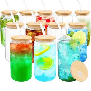 12 Set Glass Cups with Bamboo Lids and Straws 16 oz Reusable Iced Coffee Cup Beer Can Drinking Jars for Smoothie Whiskey Boba Soda Tea for Birthday gift, Mother's Day gift