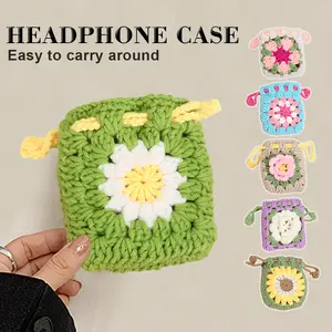 Women's Handmade Crochet Headphone Pouch Floral Drawstring Storage Bags for Earbuds Protection During Travel